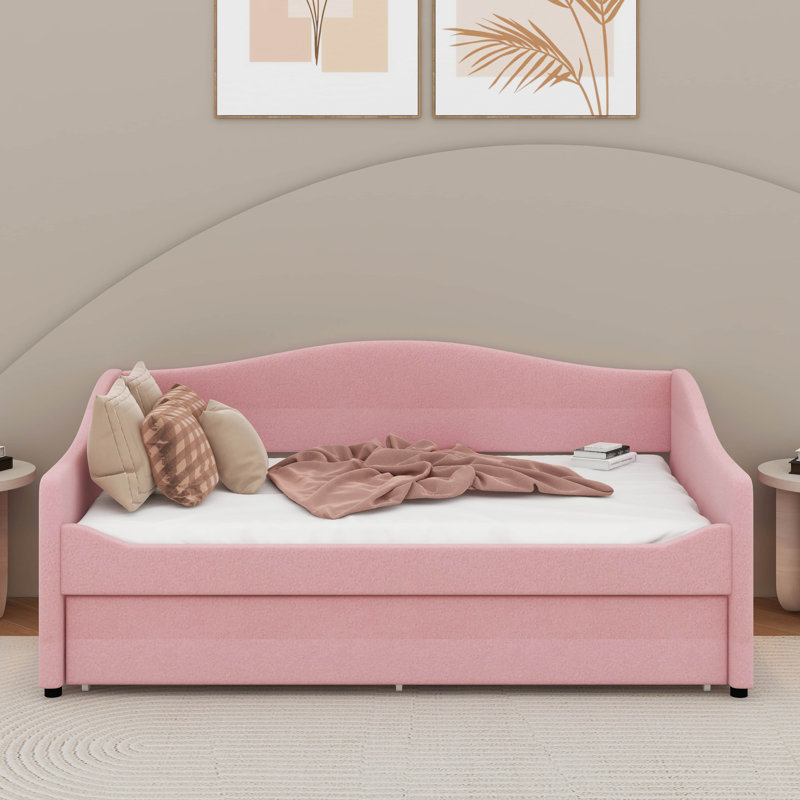 Twin Size Upholstered Daybed With Light And Trundle, Pink