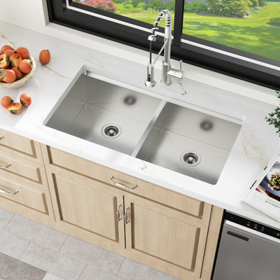 Évier de cuisine encastrable 36 po x l 19 po à double cuve en acier inoxydable de calibre 16 avec bol à mélanger