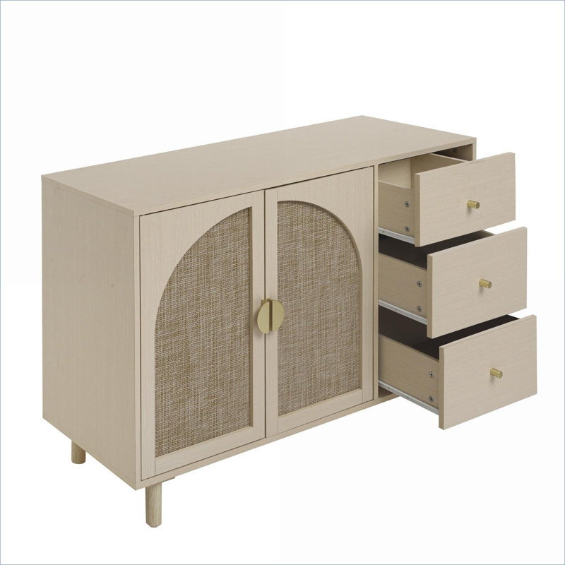 Armoires | Armoire de rangement 2 portes, 3 tiroirs, rangement réglable, rotin d'ingénierie | Scandinave | Panneau de particules et panneau de fibres à densité moyenne