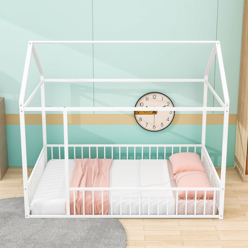 Full-Size Metal House Bed With Playhouse Design And Semi-Enclosed Sleeping Space, White