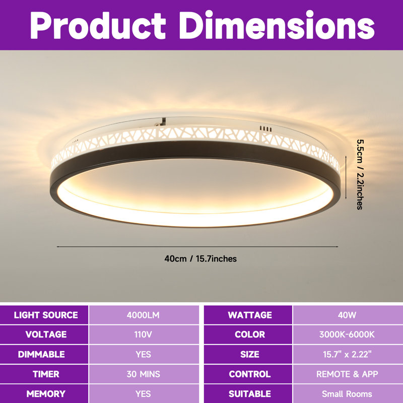 Deontee Modern Dimmable LED Flush Mount Ceiling Light with Remote Control, Matte Black, 2.22" H x 15.7" W x 15.7" D