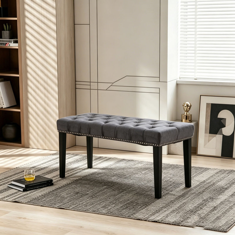 Upholstered Tufted Bench Ottoman , Velvet Dining Bench Bedroom Bench Footrest Stool Accent Bench, Dark Gray