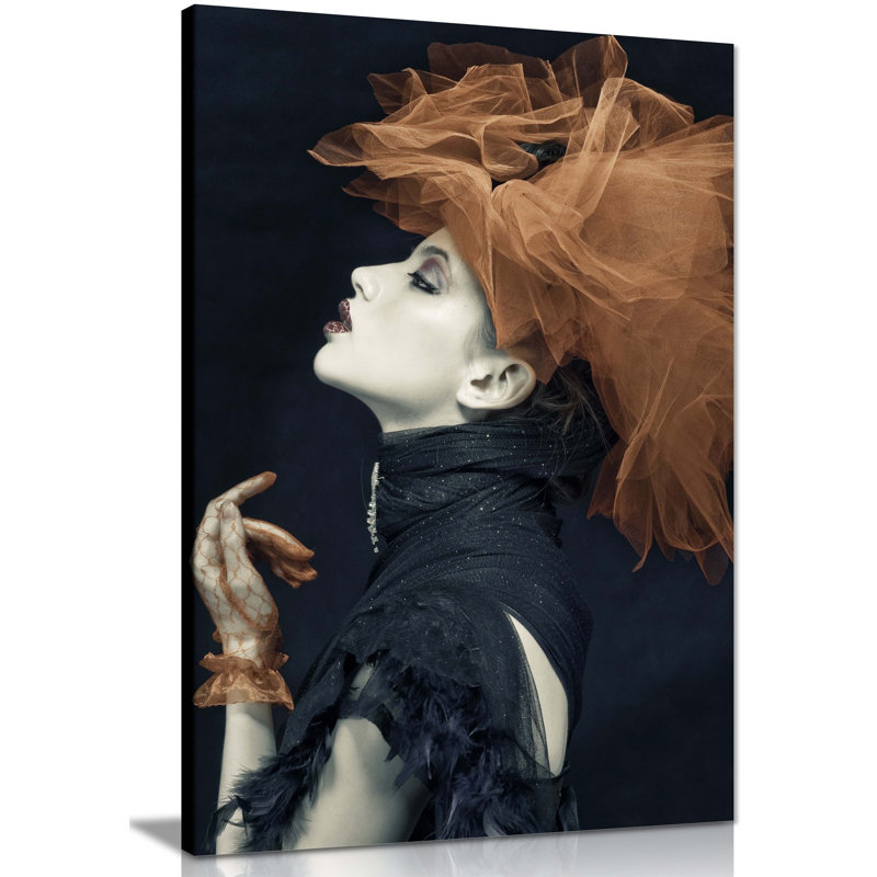 Panther Print Fine Art Prints Woman In Black Dress & Brown Tulle Portrait Artistic Framed Canvas Prints, Pictures For Home Walls, Bedroom, Living Room & Bathroom Decor - Wrapped Canvas Art Prints