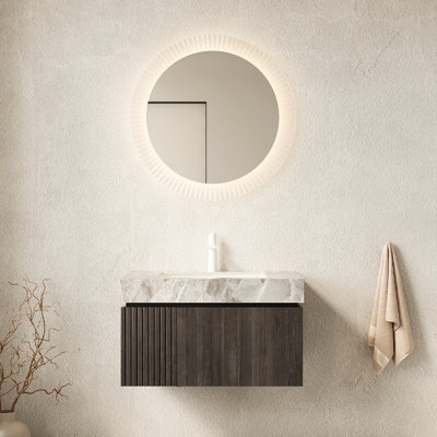 Meuble-lavabo 30 po, armoire de rangement en contreplaqué flottant avec porte de tiroir, comptoir en pierre frittée grise, lavabo en céramique, 1 trou de robinet pré-percé, assemblé, couleur, style luxueux, grattoir, eau