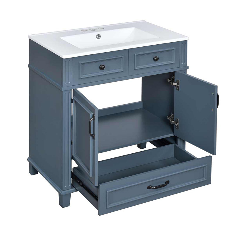 Meuble-lavabo de 30 po avec lavabo en céramique, armoire de rangement avec portes à fermeture douce et tiroirs, Noir, Bleu