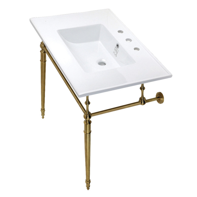 Kingston Brass Edwardian 31-Inch Ceramic Console Sink with Brass Legs, White/Brushed Brass, 8" Centers