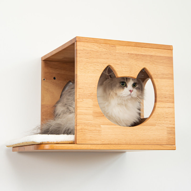 Solid Wood Wall Mounted Cat House with Front Perch