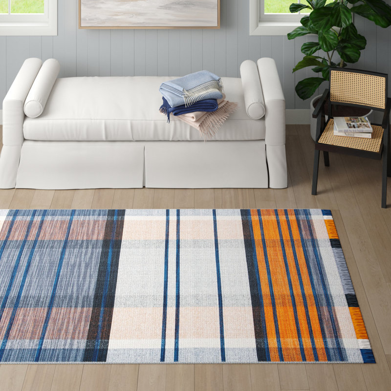 Tapis orange / bleu en laine / coton tissé à plat à la main Anjail, Rectangle de 5 pi x 8 pi