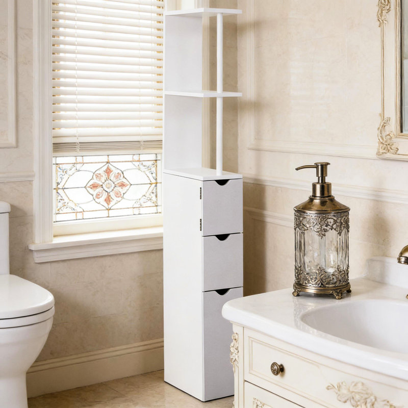 Élégante armoire de rangement pour la salle de bain, armoire de rangement étroite pour la salle de bain, tour à linge autoportante avec tablette à 2 niveaux et tiroirs