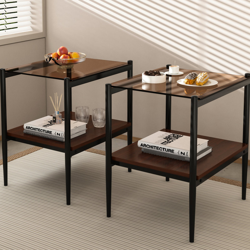 2 tables de bout pour salon, en verre trempé et brun, l 19,1 po x l 15,24 po x H 21,09 po, table moderne de 2 lb et 110 lb avec capacité de charge de 110 lb