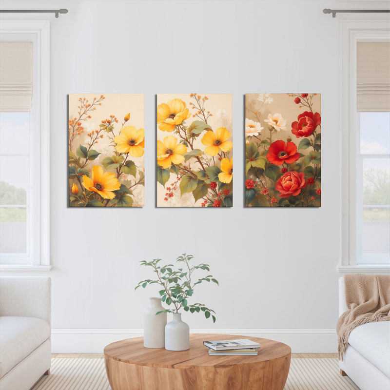 "Floral Bouquet", reproduction d'art sur toile tendue sur toile (ensemble de 3), H 24 po x l 48 po