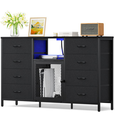 Commode 8 tiroirs, commodes en tissu avec prises de courant et lumières DEL, meuble télé pour téléviseur de 65 po ou moins