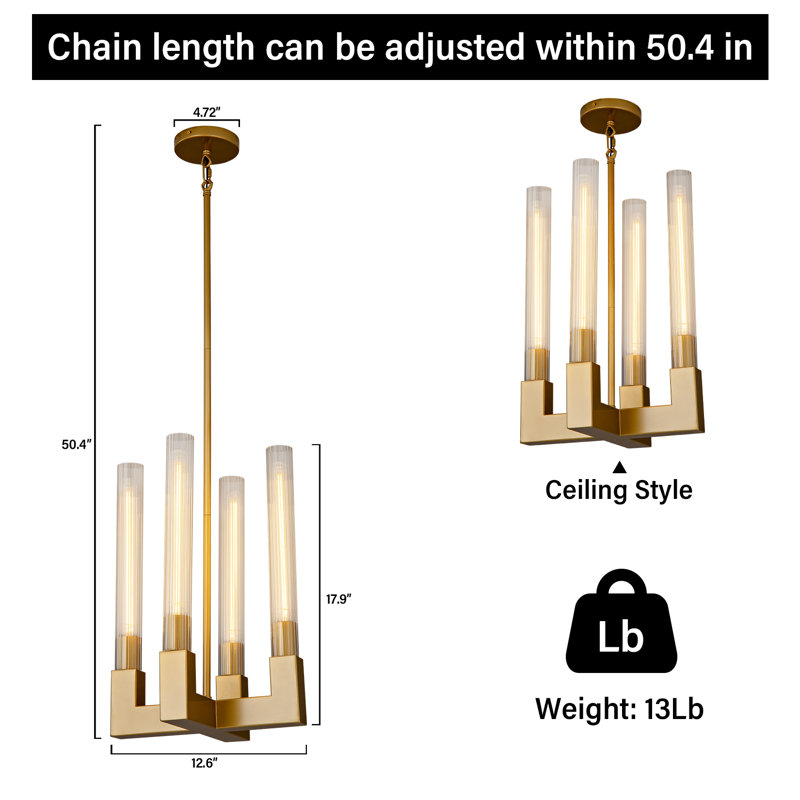 Lustre 4 lumières avec abat-jour en verre, Or