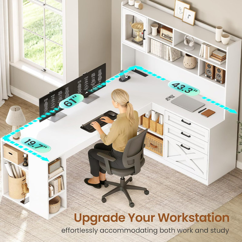 Bureau en L Farmhouse avec tiroirs, Blanc