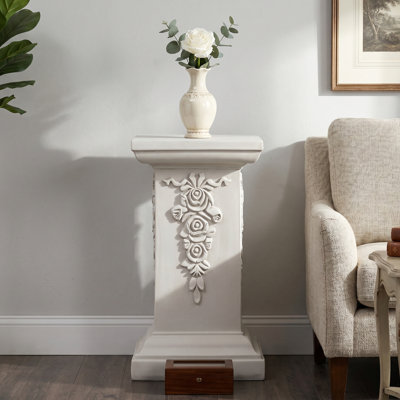 22.44" h ornate floral carved MGO pedestal plant stand, antique white indoor outdoor decorative column no assembly required
