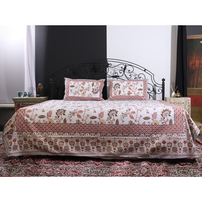 Ensemble de draps 100% coton à motif de blocs de neige à motif floral doré blanc neige - Motif botanique rétro, 2 taies décoratives, literie indienne artisanale
