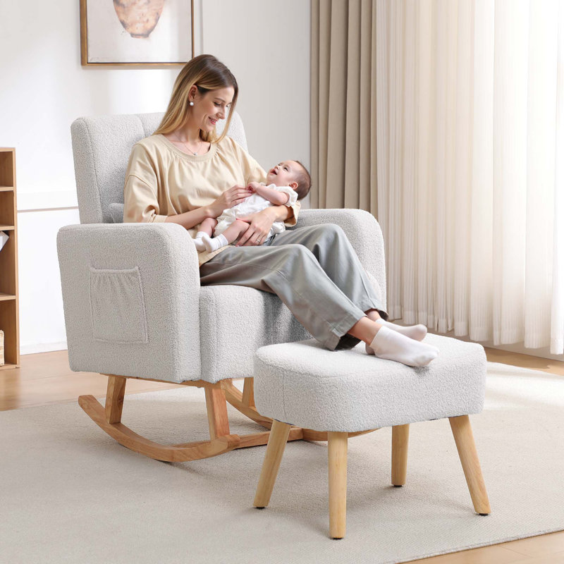 Upholstered Teddy Rocking Chair And Ottoman Ensemble, White