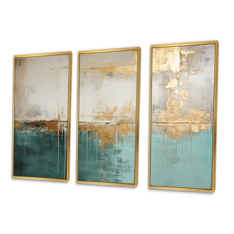 Minimalisme doré et bleu sarcelle horizon - ensemble de décorations murales abstraites, H 40 po x l 60 po x P 1 po