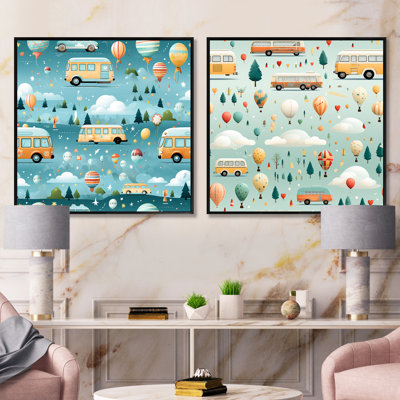 Bus à l'école, parade pour chambre d'enfant - ensemble de 2 collages carrés Hygge & Scandinavian