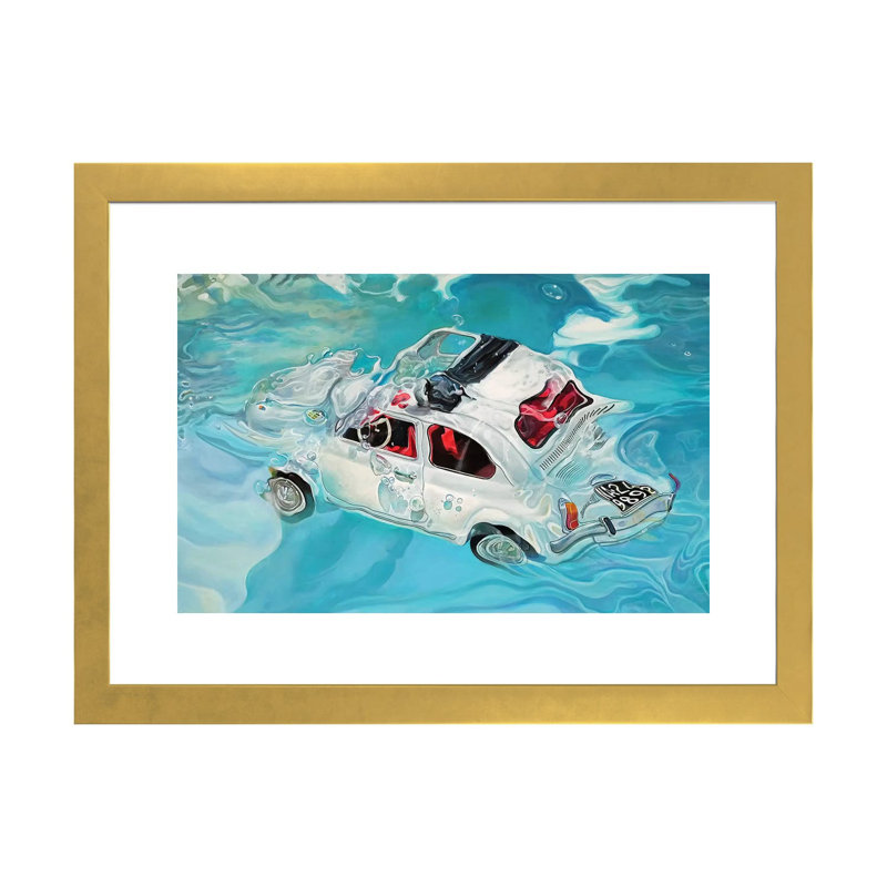 Impression, « Positano » par Marcello Petisci, H 24 po x l 32 po x P 1 po, Papier encadré doré, Blanc