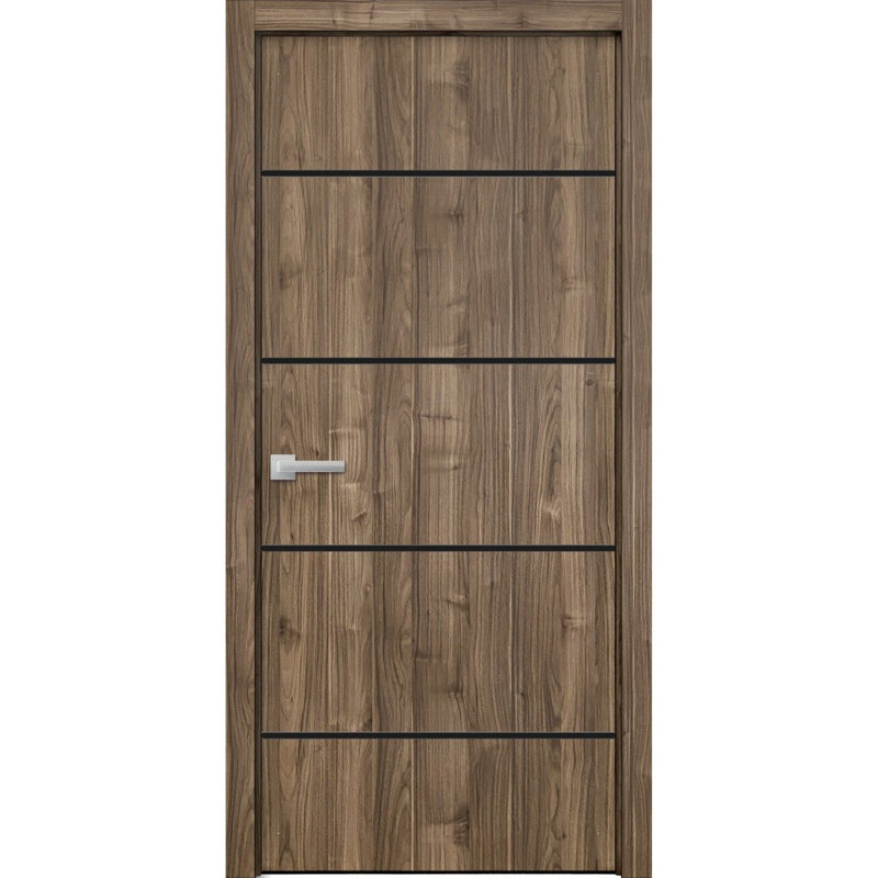 Porte intérieure moderne en bois pré-montée avec quincaillerie Planum 0015, panneau simple, cadre et moulures en noyer, portes robustes pour salle de bain et chambre à coucher - 42 po x 84 po