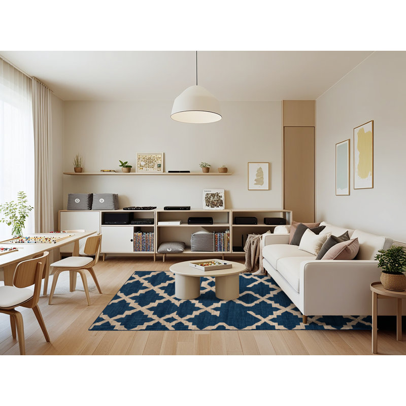Machine Washable Trellis Blue Area Rug, Rectangle 7' x 9'
