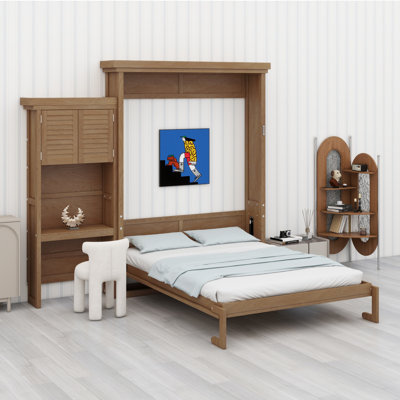 Queen Size Murphy Bed with Louvered Style and Multiple Storage Shelves
