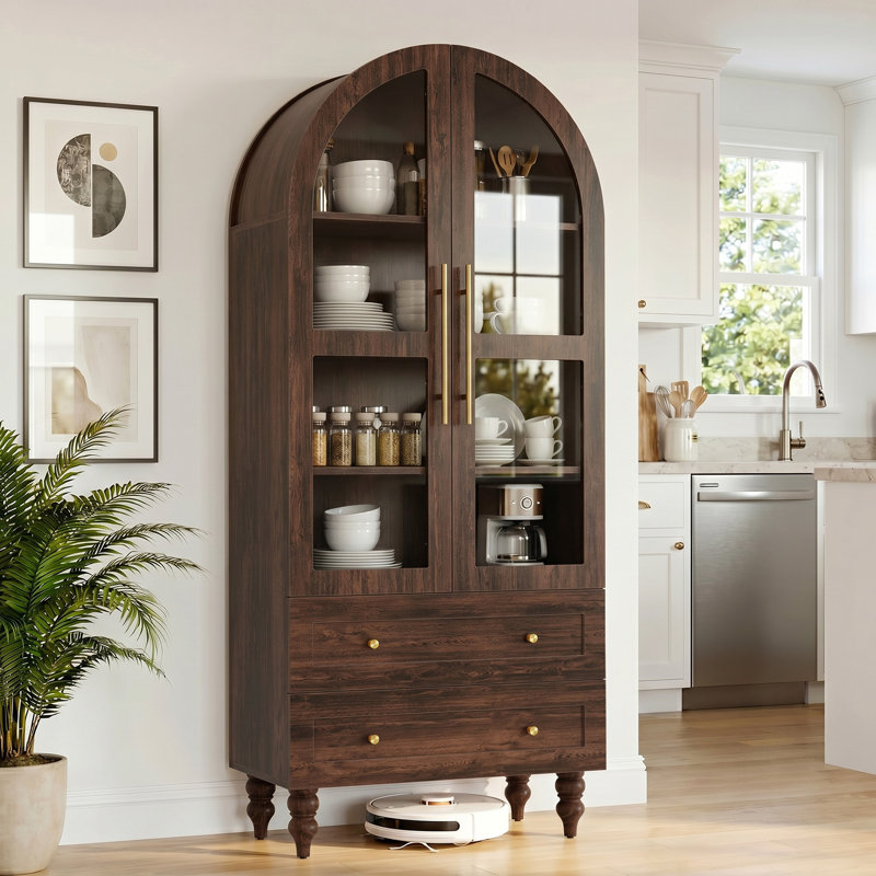 Armoire de rangement Retro Arch - grande capacité, 2 tiroirs, quincaillerie dorée, Marron foncé