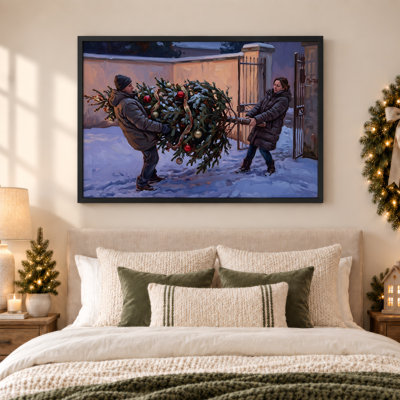 " Man And Woman Carrying Decorated Tree In Snow Christmas " Painting