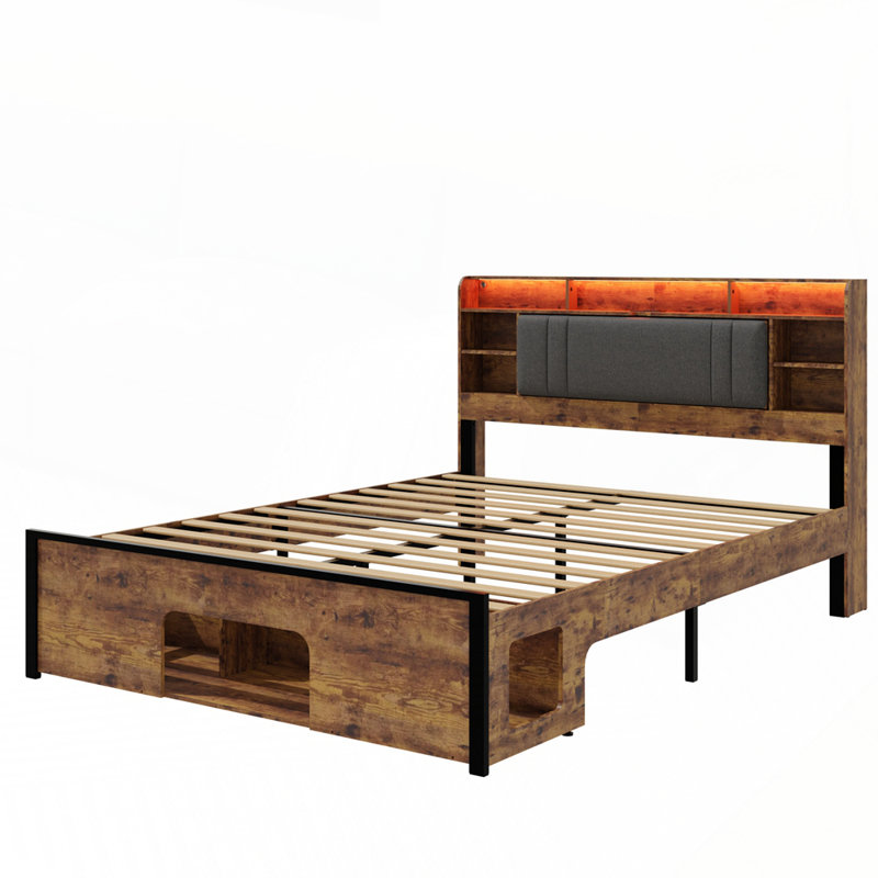 Bed Frame with Pet Space, LED Light Headboard and Charging Station