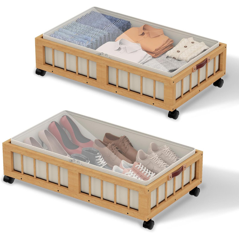 Ensemble de 2 contenants de rangement en bambou sous le lit avec roulettes, panier de rangement sous le lit avec grand sac à poussière, rangement sous le lit pour chambre à coucher, dortoir et sous-sol, nature