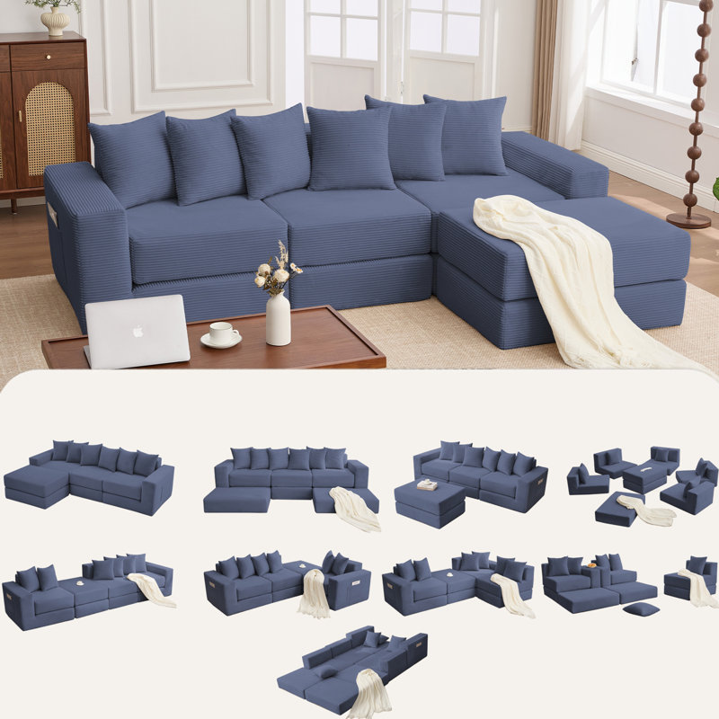 Canapé modulaire convertible 10-en-1, canapé d'angle, canapé-lit convertible au sol, velours côtelé, poche latérale, sans assemblage, bricolage, canapé modulaire en forme de L, 6 coussins, bleu