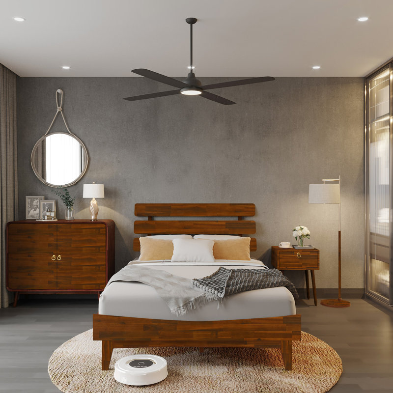 Lit plateforme en bois massif avec tête de lit ajustable Caden, style Mid-Century moderne, Double, Chocolat noir