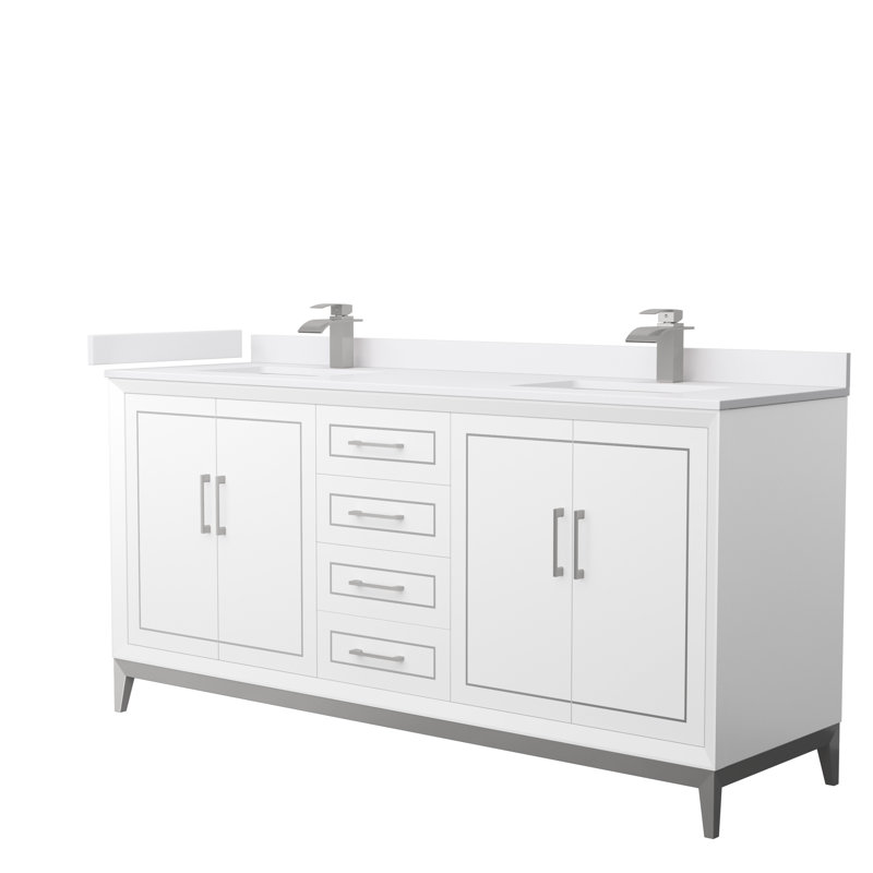 Ensemble de meuble-lavabo double 72 po Marlena, Nickel brossé, Blanc, Marbre de culture blanc