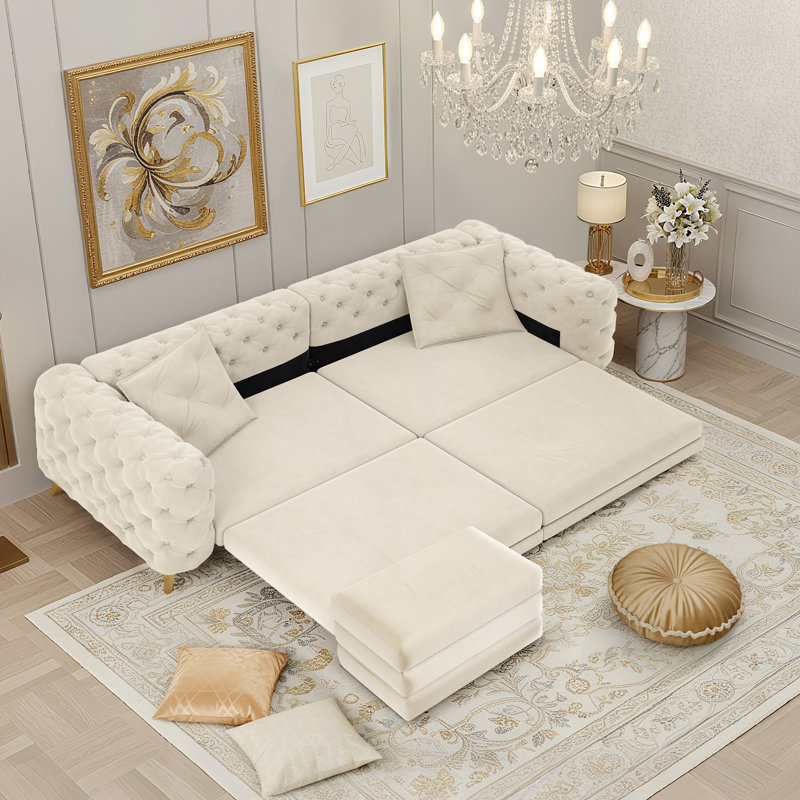 97.7" Velvet Convertible Sofa 3-In-1 Pull-Out Sleeper Sofa Bed With Metal Legs And 2 Pillows, White
