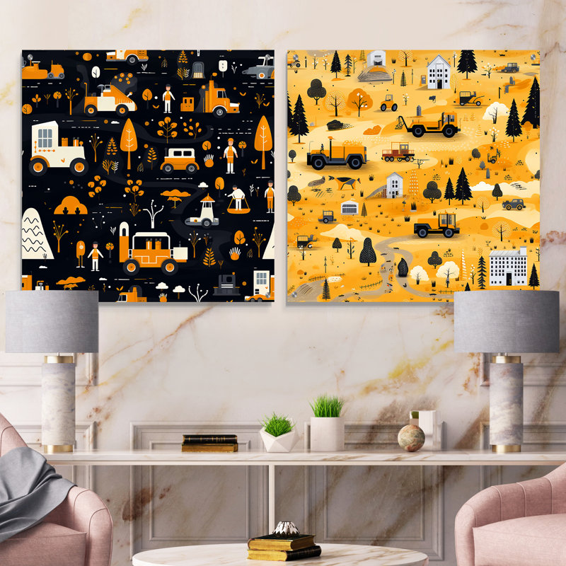 Zone de construction jaune occupée pour chambre à coucher pour garçons - ensemble de 2 art mural en verre acrylique pour enfants