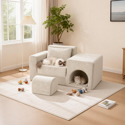 55.2" W Pet-Friendly Convertible Accent Chair with Built-In Cat & Dog Hideaway, Memory Foam Fold-Out Seat and Ottoman, Beige