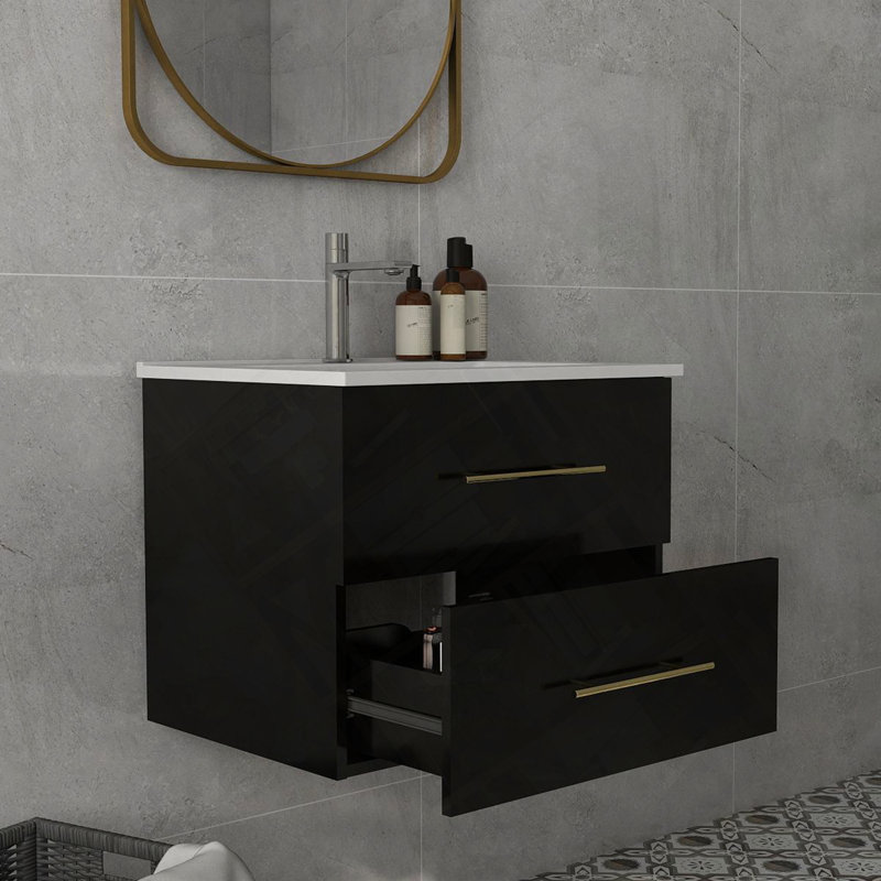 Meuble-lavabo mural avec double tiroir et espace de rangement, Noir