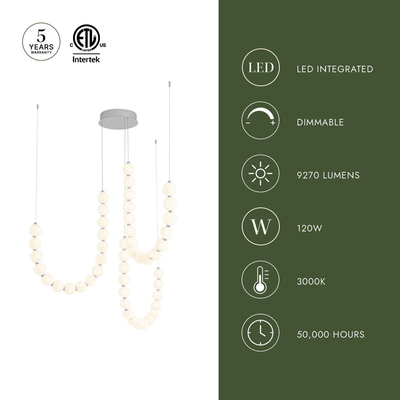 Akoya 48 Light Silver dimmable LED Chandelier, 3 Head Chandelier, Chrome-RT
