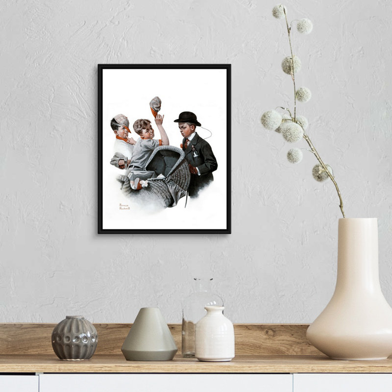 Garçon avec landau, art mural sur toile, Cadre flottant noir, H 16 po x l 13 po x P 1,75 po