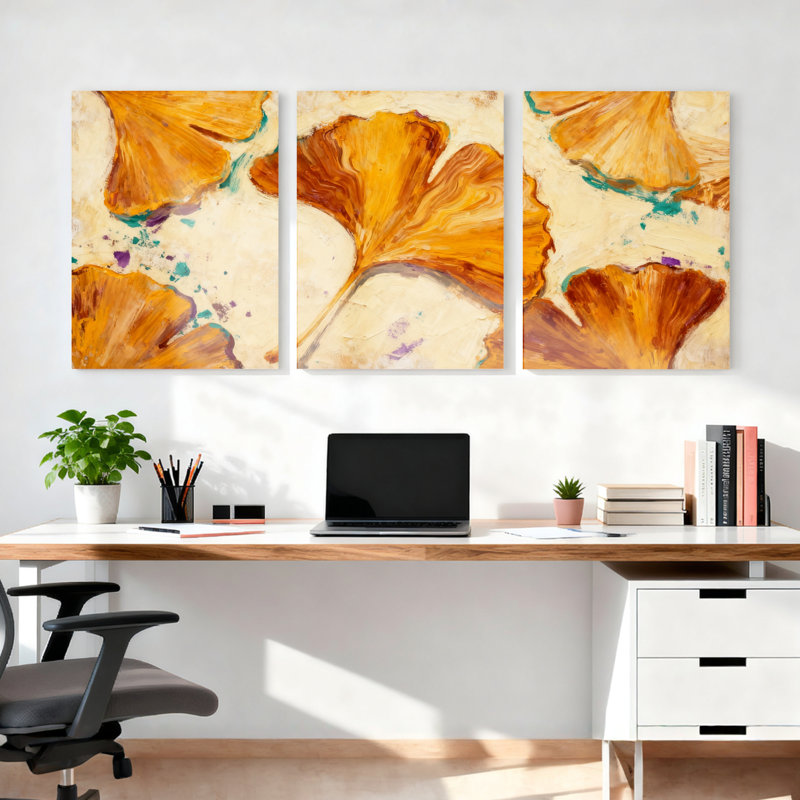 Tableau abstrait sur toile tendue, motif feuille de ginkgo, décoration automnale moderne (paquet de 3), H 30 po x l 60 po
