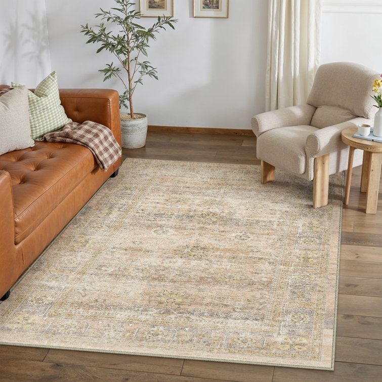 Ladonya Vintage Washable Beige Area Rug with Non-Slip Backing