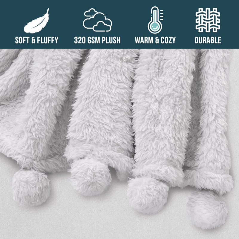 White Sherpa Fleece Throw Blanket with Pom Pom Fringe