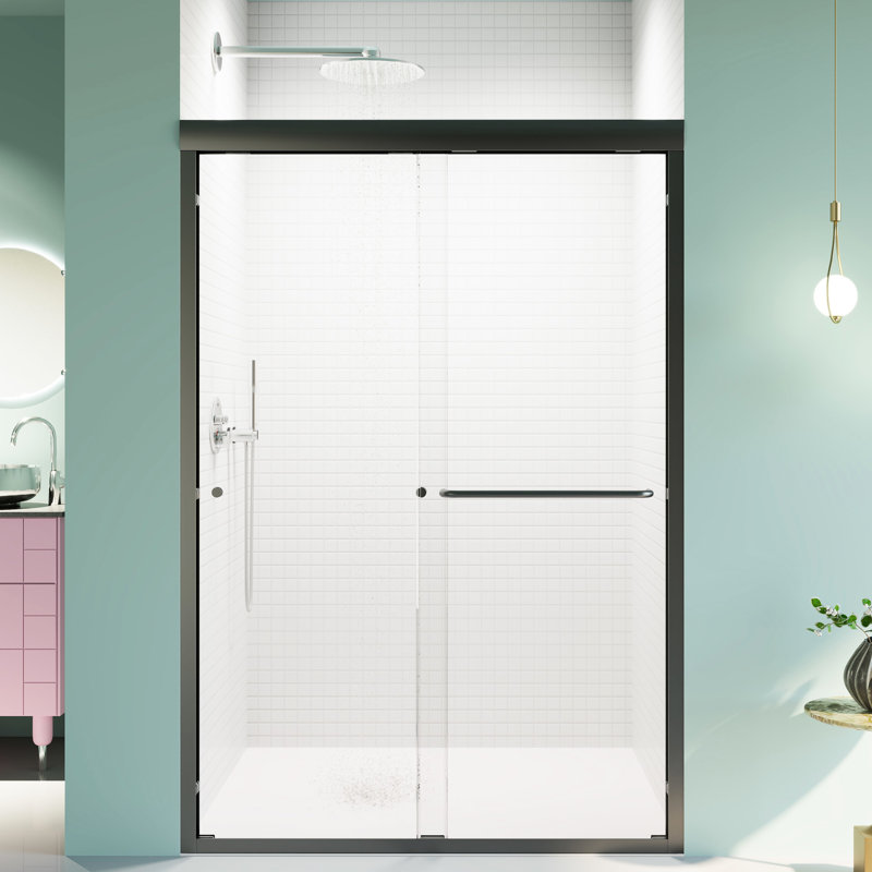 Double Bypass Shower Door, 48"W*72"H, 6Mm Tempered Glass, Matte Black, Bathroom Entrance Semi- 1/4" Stable Accessory