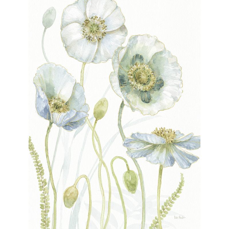 Coquelicots, dorés, dorés, bleus, fougères, sur fond blanc, H 24 po x l 48 po x P 1,5 po