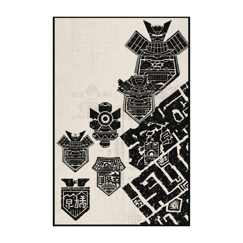 Soft Plush Athanas Samurai Banner Crests Traditional Block Print Area Rug in Beige – Black Binding, 8x10