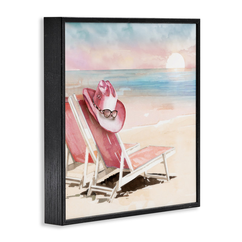 Fauteuil de plage rose rosé, estampe numérique, design par Paul Mathenia, H 12 po x l 12 po, Giclée noire de minuit encadrée