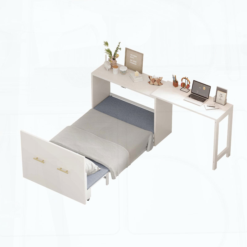 Lit simple escamotable avec bureau à hauteur réglable | Commode avec coussin pliable pour chambre d'amis et petit espace, blanc