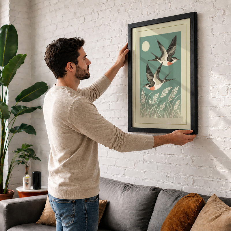Birds in Flight Japandi - Framed Print, A2 - 59.4 x 42.0 cm, White