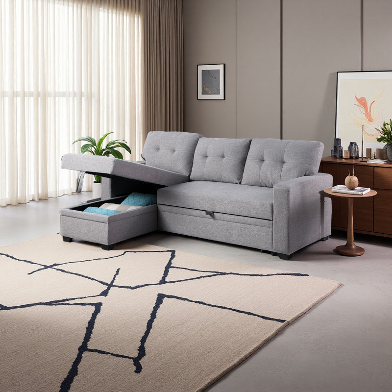 Upholstered Pull Out Sectional Sofa With Chaise, Light Grey Linen